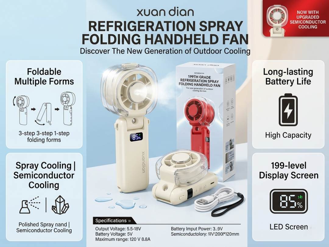 xuan dian REFRIGERATION SPRAY FOLDING HANDHELD FAN Discover The New Generation of Outdoor Cooling