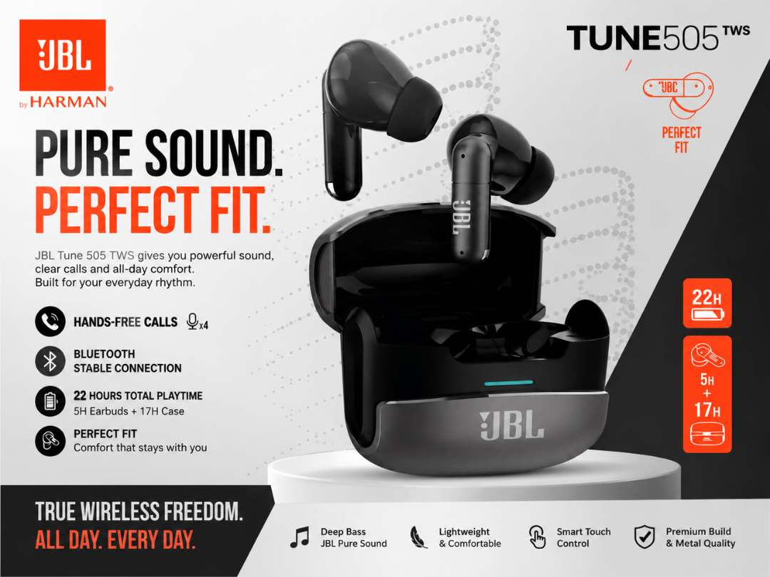 Get the ultimate audio experience with JBL Tune 505 TWS earbuds. Features premium design, long-lasting battery, and signature JBL Pure Bass sound.